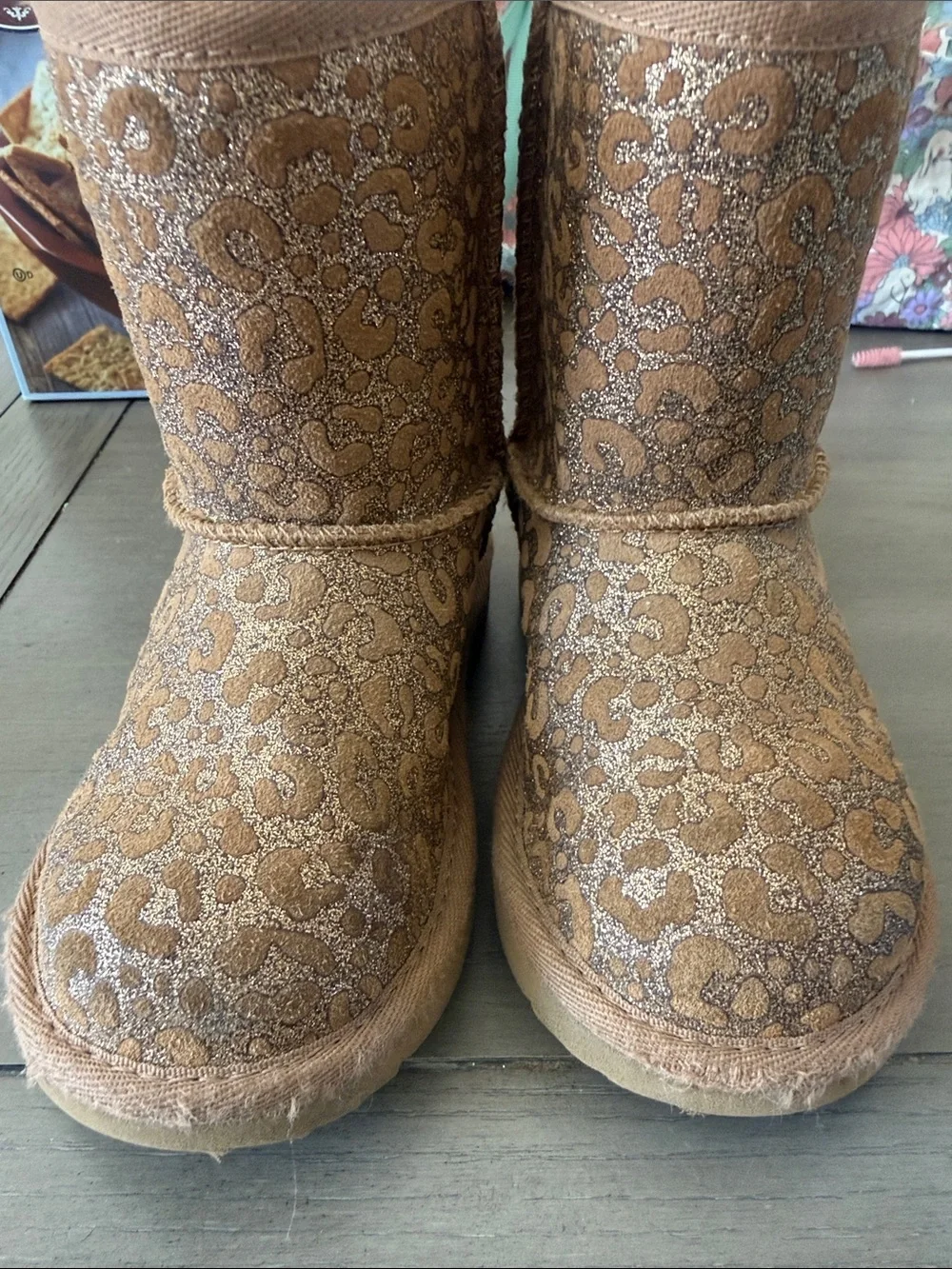 UGG Kids Tan Glitter Leopard Print Shearling Boots